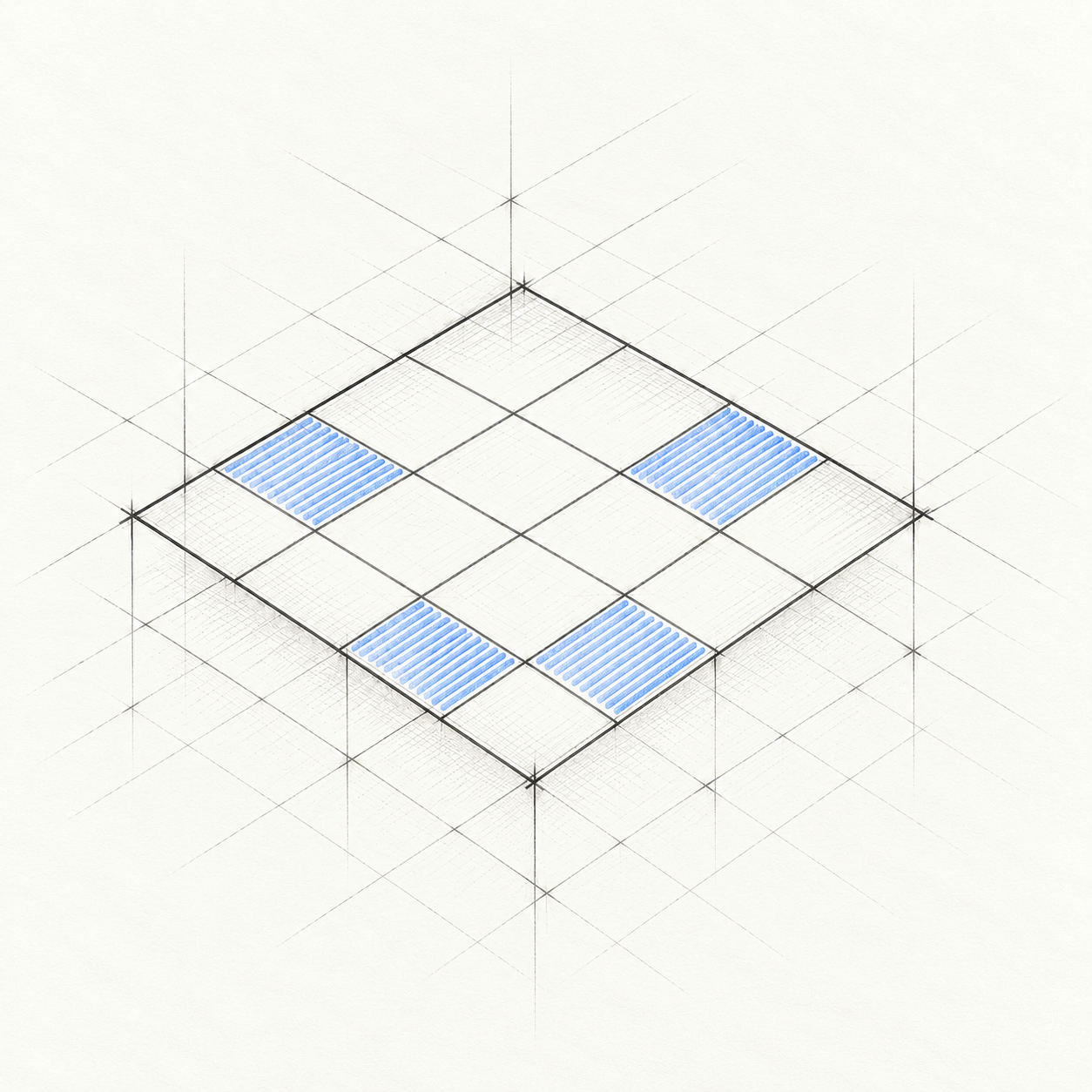Four blue-shaded cells map evidence across a pencil-drawn grid, with extended lines and faint coordinate layers beneath.