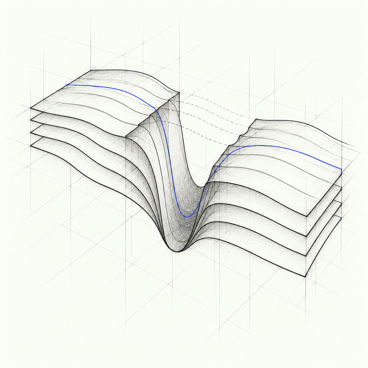 A blue route descends through a deep valley in layered graphite sheets, while dashed lines skip across the gap above.