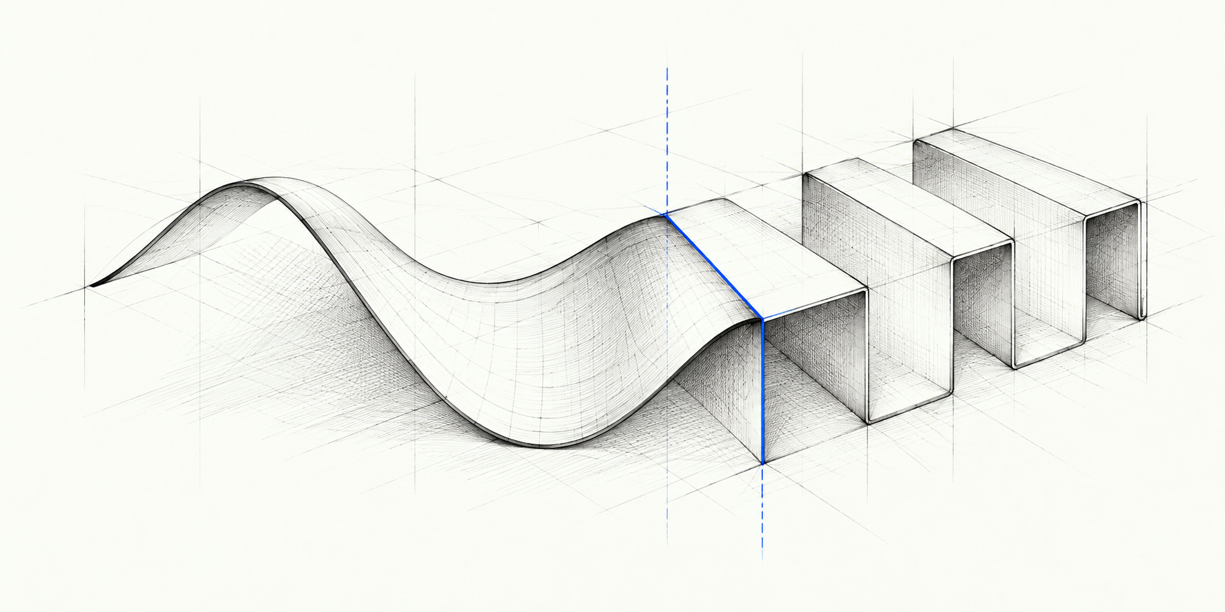 An unstructured flowing surface resolves into a series of orderly folded bays.
